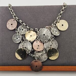 Metallic Layered Medallion Coin Necklace Statement Bauble Dangle Drop Artsy Boho